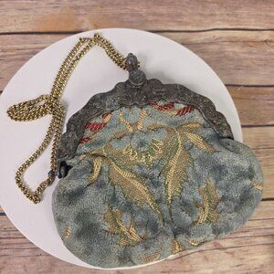 Vintage 1920s Flapper Velvet Tapestry Evening Clutch With Ornate Metal Frame